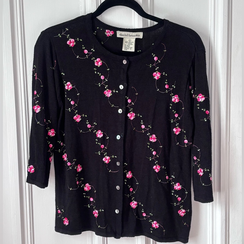 David Brooks Silk Blend 3/4 Sleeve Button Front Embroidered Black Cardigan